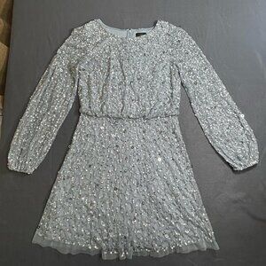 Adrianna Papell Womens Long Sleeve Boat Neck Short Party Dress